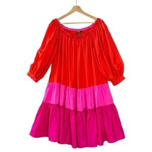 DKNY Red Pink Fuchsia Color Block Off Shoulder Ballon Sleeve Midi Dress Size 12